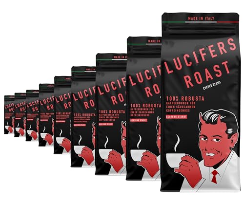 LUCIFERS ROAST 9x1kg Kaffeebohnen aus Italien - sehr starker Espresso dark roast - säurearm - für Kaffeevollautomaten oder Siebträger - 100% Robusta (ganze Bohnen, 9x1kg) von KIQO Coffee & Tea
