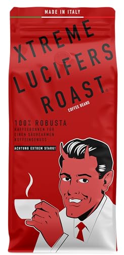 LUCIFERS ROAST XTREME 500g Kaffeebohnen aus Italien - sehr starker Espresso dark roast - säurearm - für Kaffeevollautomaten oder Siebträger - 100% Robusta (ganze Bohnen XTREME, 500g) von KIQO Coffee & Tea