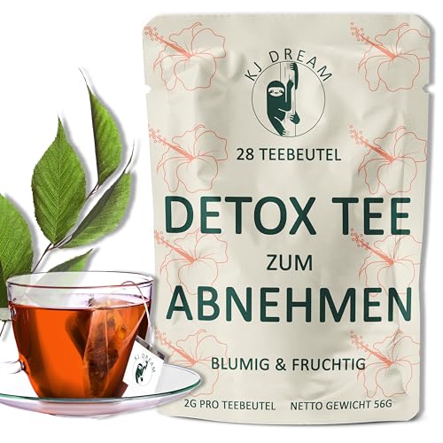 KJ Dream Detox Tee zum Abnehmen - Sanfte Kräutermischung mit Lotusblatt, Oolong & Hibiskus - Unterstützt Fettabbau, Entwässerung, Verdauung & Hormone in den Wechseljahren - 100% Vegan (28 Teebeutel) von KJ Dream