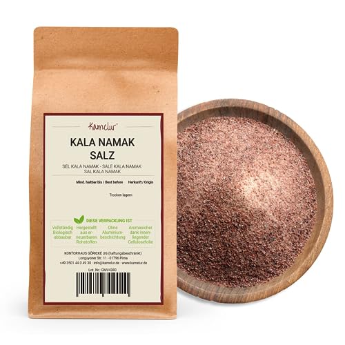 Kamelur 200g Original Kala Namak Salz fein, verpackt in biologisch abbaubarer Verpackung- Exklusives Steinsalz aus Indien als Ei-Ersatz vegan - Schwarzes Salz von Kamelur