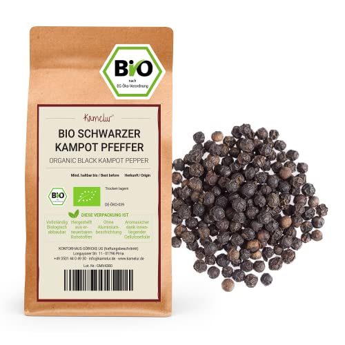 Kamelur 200g BIO Schwarzer Kampot Pfeffer ganz - ganze Pfefferkörner aus Kambodscha, für Pfeffermühle oder Mörser – Kampot Pfeffer schwarz BIO ohne Zusätze von Kamelur