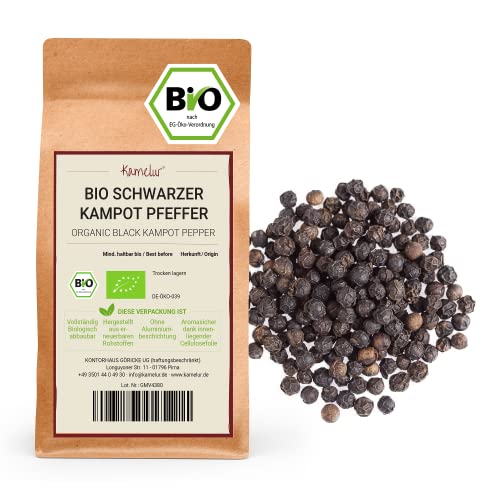 Kamelur 200g BIO Schwarzer Kampot Pfeffer ganz - ganze Pfefferkörner aus Kambodscha, für Pfeffermühle oder Mörser Kampot Pfeffer schwarz BIO ohne Zusätze von Kamelur