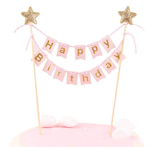 Happy Birthday Tortenaufsatz-Banner, handgefertigt, elfenbeinfarben, Wimpelflagge, Banner mit Holzstäbchen, perfekt für Kuchen, Donut-Kuchen, Cupcakes und mehr, Rosa von KOOTIPS