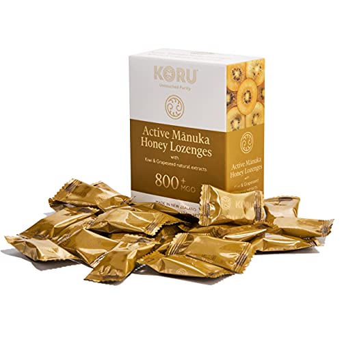 KORU ACTIVE MANUKA - HONIG LUTSCHBONBONS MGO 800+ (UMF 20+) mit natürlichen Extrakten von Goldener Kiwi und Traubenkernen, aus Neuseeland / 24 Lutschbonbons ohne Zucker, Aus 90% Premium Manuka Honig von KORU Untouched Purity