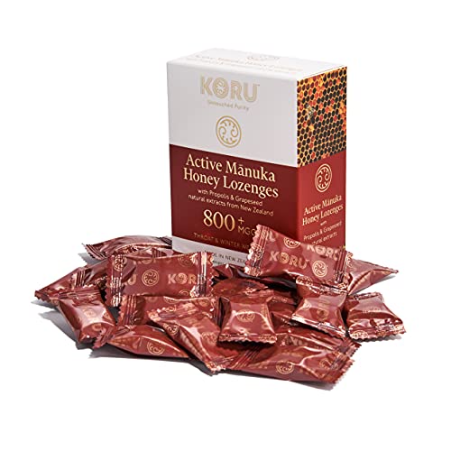 KORU ACTIVE MANUKA - HONIG LUTSCHBONBONS MGO 800+ (UMF 20+) mit natürlichen Extrakten von Propolis und Traubenkernen, aus Neuseeland / 24 Lutschbonbons ohne Zucker, Aus 90% Premium Manuka Honig von KORU Untouched Purity