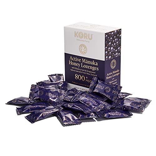 KORU ACTIVE MANUKA - HONIG LUTSCHBONBONS MGO 800+ (UMF 20+) mit natürlichen Extrakten von Schwarzer Johannisbeere und Traubenkernen / 24 Lutschbonbons ohne Zucker, Aus 90% Premium Manuka Honig von KORU Untouched Purity