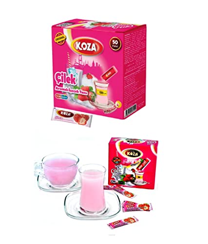 KOZA Erdbeere Instant Getränkepulver Stick einzeln Verpackt 50er Pack | Pulver für Heiß oder Kalt Getränk | Türkischer Tee | Ice Tea Pulver | Eistee | Früchtetee | Cay | Teepulver von Koza