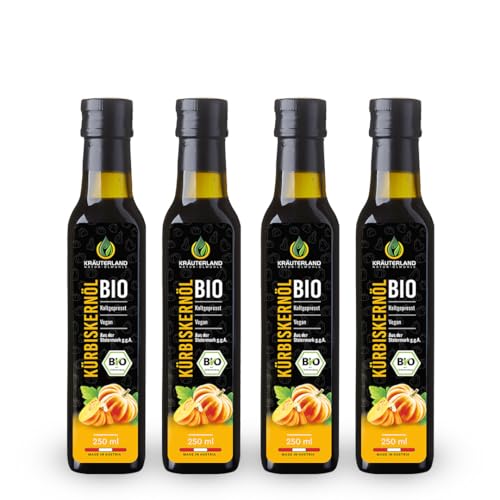 Kräuterland Bio Kürbiskernöl 1L - 4x 250ml Original steirisches Kürbisöl aus gerösteten Kürbiskernen - 100% rein, kaltgepresst, vegan - Premium Qualität aus der Steiermark von KRÄUTERLAND N A T U R - Ö L M Ü H L E