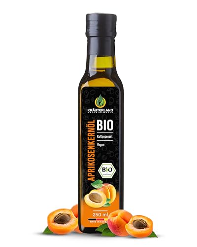 Kräuterland Bio Aprikosenkernöl 250ml - Aprikosenöl kaltgepresst, naturrein - Speiseöl zum Kochen & Backen, Naturkosmetik für Haut & Haare in Premium Qualität von KRÄUTERLAND N A T U R - Ö L M Ü H L E