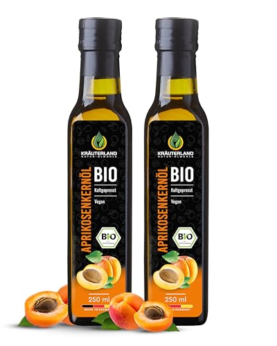 Kräuterland Bio Aprikosenkernöl 2X250ml (500ml) - Aprikosenöl kaltgepresst, naturrein ohne Zusatz von Aroma-, Farb- und Konservierungsstoffen, Premium Qualität von KRÄUTERLAND N A T U R - Ö L M Ü H L E