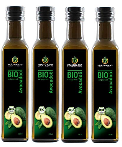 Kräuterland Bio Avocadoöl 1L- rein, kaltgepresst, nativ, vegan - 4er Pack Avocado Öl (4x250ml) zum Kochen, Braten, Grillen & Verfeinern - Speiseöl in Premium Qualität von KRÄUTERLAND N A T U R - Ö L M Ü H L E