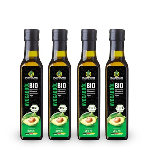 Kräuterland Bio Avocadoöl 4X250ml (1L), kaltgepresst, naturrein ohne Zusatz von Aroma-, Farb- und Konservierungsstoffen, Premium Qualität von KRÄUTERLAND N A T U R - Ö L M Ü H L E