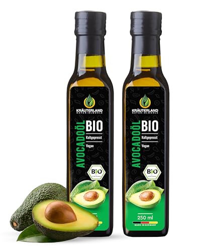 Kräuterland Bio Avocadoöl 500ml - rein, kaltgepresst, nativ, vegan -Avocado Öl zum Kochen, Braten, Grillen & als Würzöl zum Verfeinern - Speiseöl in Premium Qualität von KRÄUTERLAND N A T U R - Ö L M Ü H L E