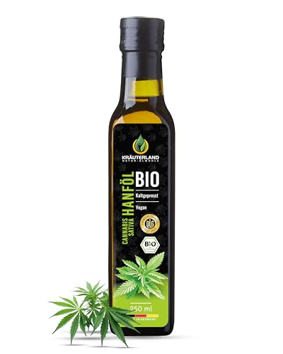 Kräuterland Bio Hanföl 250ml, Hanfsamenöl kaltgepresst, naturrein ohne Zusatz von Aroma-, Farb- und Konservierungsstoffen, hoher Anteil an Omega 3-6-9 Fettsäuren, Premium Qualität von KRÄUTERLAND N A T U R - Ö L M Ü H L E
