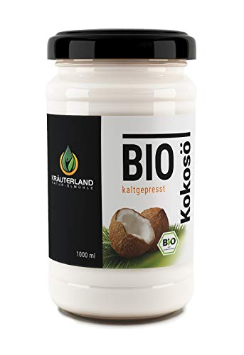 Kräuterland Bio Kokosöl, Kokosfett 1000ml - Kokosnussöl nativ, kaltgepresst, hoch erhitzbar - zum Kochen, Braten und Backen in Premium Rohkostqualität von KRÄUTERLAND N A T U R - Ö L M Ü H L E