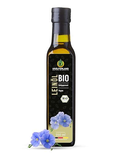 Kräuterland Bio Leinöl 250ml, bio Leinsamen, kaltgepresst, mild und nussig, reich an Lignane und Omega 3-6-9 Fettsäuren, naturrein ohne Zusatzstoffe, glasflasche, mühlenfrisch Kräuterland Bio Leinöl 250ml, bio Leinsamen, kaltgepresst, mild und nussig, reich an Lignane und Omega 3-6-9 Fettsäuren, naturrein ohne Zusatzstoffe, glasflasche, mühlenfrisch von KRÄUTERLAND N A T U R - Ö L M Ü H L E