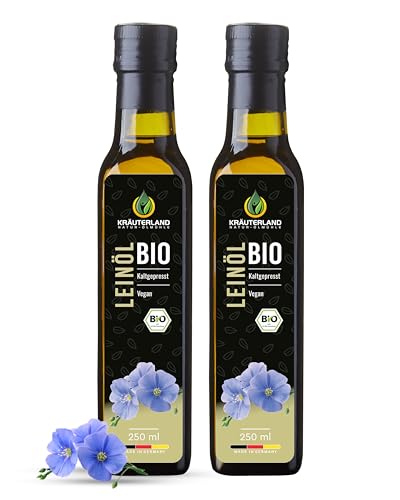 Kräuterland Bio Leinöl 2X250ml (500ml), bio Leinsamen, kaltgepresst, mild und nussig, reich an Lignane und Omega 3-6-9 Fettsäuren, naturrein ohne Zusatzstoffe, glasflasche, mühlenfrisch von KRÄUTERLAND N A T U R - Ö L M Ü H L E