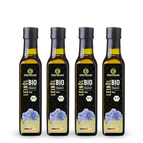 Kräuterland Bio Leinöl 4X250ml (1Liter), bio Leinsamen, kaltgepresst, mild und nussig, reich an Lignane und Omega 3-6-9 Fettsäuren, naturrein ohne Zusatzstoffe, glasflasche, mühlenfrisch von KRÄUTERLAND N A T U R - Ö L M Ü H L E