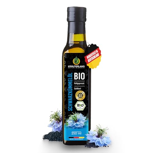 Kräuterland Bio Schwarzkümmelöl 250ml, gefiltert, ohne Zusatz von Aroma-, Farb- und Konservierungsstoffen, hoher Thymochinon, kaltgepresst, mühlenfrisch direkt aus unsrer hessischen Ölmühle Kräuterland Bio Schwarzkümmelöl 250ml, gefiltert, ohne Zusatz von Aroma-, Farb- und Konservierungsstoffen, hoher Thymochinon, kaltgepresst, mühlenfrisch direkt aus unsrer hessischen Ölmühle von KRÄUTERLAND N A T U R - Ö L M Ü H L E
