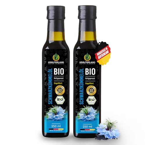 Kräuterland Bio Schwarzkümmelöl 2x250ml (500ml), Ungefiltert, Kaltgepresst, Hochwertiges Nigella Sativa Samen, Nativ, Glasflasche, Täglich frisch gepresst aus unserer hessischen Ölmühle von KRÄUTERLAND N A T U R - Ö L M Ü H L E