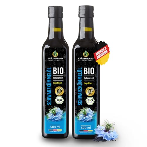 Kräuterland Bio Schwarzkümmelöl 2x500ml (1000ml), Ungefiltert, Kaltgepresst, hoher Gehalt an THYMOCHINON (Thymoquinon), Glasflasche, Nativ, Täglich frisch gepresst aus unserer Kräuterland Ölmühle von KRÄUTERLAND N A T U R - Ö L M Ü H L E