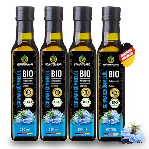 Kräuterland Bio Schwarzkümmelöl 4x250ml (1Liter), gefiltert, naturrein ohne Zusatzstoffe, hoher Thymoquinone, kaltgepresst, mild, glasflasche, mühlenfrisch direkt aus unsrer hessischen Ölmühle von KRÄUTERLAND N A T U R - Ö L M Ü H L E