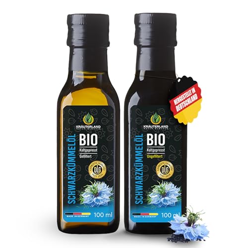 Kräuterland Bio Schwarzkümmelöl Einsteiger-Bundle, 100ml GEFILTERT & 100ml UNGEFILTERT, Kaltgepresst, 100% Bio Nigella Sativa, ohne Zusatz von Aromen, Frabstoffe & Konservierungsstoffe - Mühlenfrisch Kräuterland Bio Schwarzkümmelöl Einsteiger-Bundle, 100ml GEFILTERT & 100ml UNGEFILTERT, Kaltgepresst, 100% Bio Nigella Sativa, ohne Zusatz von Aromen, Frabstoffe & Konservierungsstoffe - Mühlenfrisch von KRÄUTERLAND N A T U R - Ö L M Ü H L E
