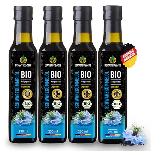 Kräuterland Bio Schwarzkümmelöl 4X250ml (1Liter), ungefiltert, hoher Thymoquinon, Omega Fettsäuren, ohne Zusatzstoffe, kaltgepresst, vegan, mild, mühlenfrisch aus unsrer hessischen Ölmühle von KRÄUTERLAND N A T U R - Ö L M Ü H L E