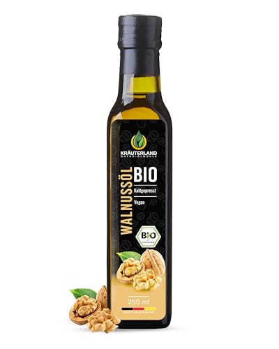 Kräuterland Bio Walnussöl 250ml, Walnusskernöl, nativ, kaltgepresst, glasflasche - Speiseöl zum Kochen, Backen & Salate - Nussöl in Premium Qualität Kräuterland Bio Walnussöl 250ml, Walnusskernöl, nativ, kaltgepresst, glasflasche - Speiseöl zum Kochen, Backen & Salate - Nussöl in Premium Qualität von KRÄUTERLAND N A T U R - Ö L M Ü H L E