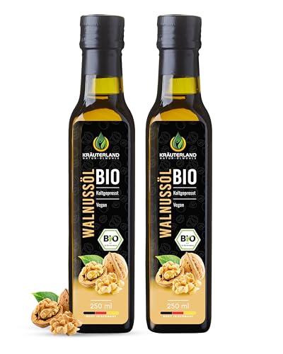 Kräuterland Bio Walnussöl 2X250ml (500ml), Walnusskernöl, nativ, kaltgepresst, glasflasche- Speiseöl zum Kochen, Backen & Salate - Nussöl in Premium Qualität Kräuterland Bio Walnussöl 2X250ml (500ml), Walnusskernöl, nativ, kaltgepresst, glasflasche- Speiseöl zum Kochen, Backen & Salate - Nussöl in Premium Qualität von KRÄUTERLAND N A T U R - Ö L M Ü H L E