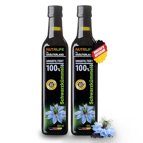 Kräuterland Schwarzkümmelöl 2X500ml (1Liter), ungefiltert, naturrein ohne Zusatzstoffe, Omega 3-6-9, hoher Thymochinon, vegan, mild, kaltgepresst, mühlenfrisch aus unsrer hessischen Ölmühle von KRÄUTERLAND N A T U R - Ö L M Ü H L E