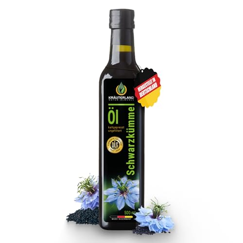 Kräuterland Schwarzkümmelöl 500ml, ungefiltert, naturrein ohne Zusatzstoffe, 100% Nigella Sativa, Omega 3-6-9, vegan, mild, kaltgepresst, glasflasche, mühlenfrisch aus unsrer hessischen Ölmühle Kräuterland Schwarzkümmelöl 500ml, ungefiltert, naturrein ohne Zusatzstoffe, 100% Nigella Sativa, Omega 3-6-9, vegan, mild, kaltgepresst, glasflasche, mühlenfrisch aus unsrer hessischen Ölmühle von KRÄUTERLAND N A T U R - Ö L M Ü H L E