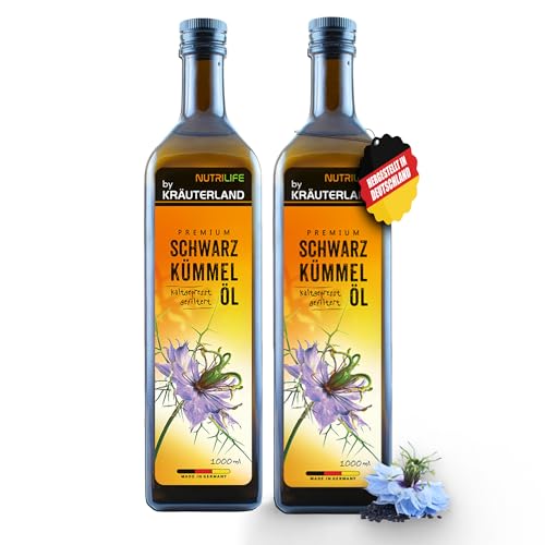 NUTRILIFE by Kräuterland Schwarzkümmelöl 2X1L (2Liter), gefiltert, schonend kaltgepresst - reich an THYMOCHINON (Thymoquinon) - täglich mühlenfrisch direkt von unserer hessischen Ölmühle von KRÄUTERLAND N A T U R - Ö L M Ü H L E