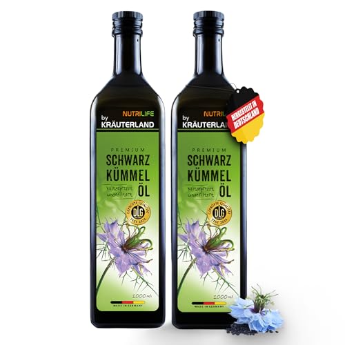 Kräuterland Schwarzkümmelöl 2x1L (2 Liter), ungefiltert, schonend kaltgepresst - reich an THYMOCHINON (Thymoquinon) - Frischegarantie: täglich mühlenfrisch direkt von unserer hessischen Ölmühle von KRÄUTERLAND N A T U R - Ö L M Ü H L E