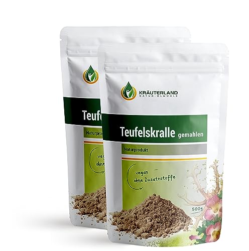 Kräuterland Teufelskralle gemahlen 1kg - 2x 500g Teufelskralle Pulver für Mensch, Hund, Pferd und Katze - reines Teufelskralle-Extrakt in Premium Qualität von KRÄUTERLAND N A T U R - Ö L M Ü H L E