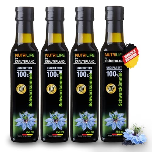 NUTRILIFE by Kräuterland Schwarzkümmelöl 4x250ml (1Liter), ungefiltert, kaltgepresst, ohne Zusatz von Aromen, Frabstoffe & Konservierungsstoffe, reich an Thymochinon, täglich mühlenfrisch von KRÄUTERLAND N A T U R - Ö L M Ü H L E