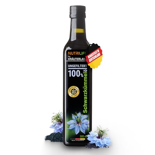 NUTRILIFE by Kräuterland Schwarzkümmelöl 500ml, ungefiltert, naturrein ohne Zusatzstoffe, 100% Nigella Sativa, Omega 3-6-9, kaltgepresst, glasflasche, mühlenfrisch aus unsrer hessischen Ölmühle von KRÄUTERLAND N A T U R - Ö L M Ü H L E