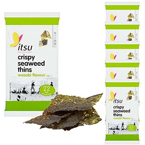 6 x 5 g Seegras Thins Spicy Wasabi Crisp Chips Natural Snack Knabberei herzhafte Leckereien von Geakv