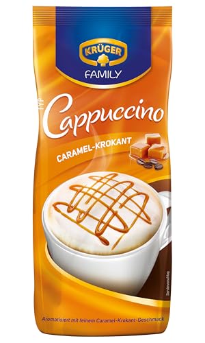 KRÜGER Family Cappuccino Caramel-Krokant, aromatisiertes Getränkepulver mit löslichem Bohnenkaffee, koffeinhaltig, 500 g Beutel von Krüger