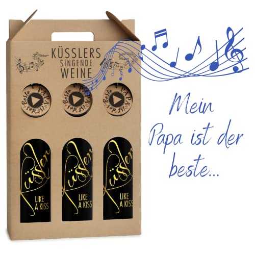 Neu! SINGENDER WEIN für den besten PAPA – 3 x Cuvée rot mit eigenem Papa-Song – im nachhaltigen Geschenkkarton - das ideale Weingeschenk! von KÜSSLER LIKE A KISS