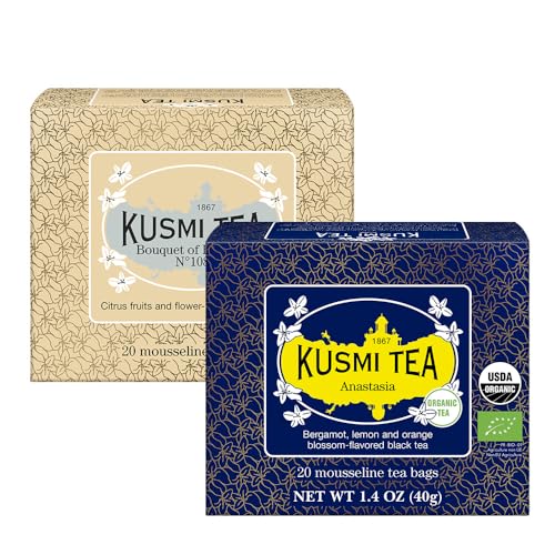 Kusmi Tea - Anastasia + Bouquet of Flowers n°108-2er-Pack - Biologischer Schwarzer Tee mit Bergamotte + Biologischer Schwarzer Tee Earl Grey mit Bergamotte und Ylang-Ylang - 2x20 Teebeutel. Kusmi Tea - Anastasia + Bouquet of Flowers n°108-2er-Pack - Biologischer Schwarzer Tee mit Bergamotte + Biologischer Schwarzer Tee Earl Grey mit Bergamotte und Ylang-Ylang - 2x20 Teebeutel. von KUSMI TEA