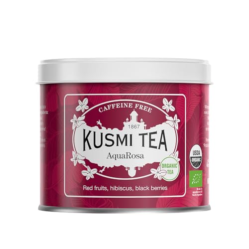 Kusmi Tea - AquaRosa - Bio Früchtetee mit Hibiskus, Schwarzen Beeren und Roten Früchten - Koffeinfreier Hibiskustee - Heiß oder als Eistee - Loser Tee - 100 g Metalldose - Menge für etwa 50 Tassen von KUSMI TEA