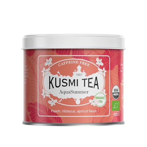 Kusmi Tea - AquaSummer - Bio-Früchteteemischung aus Hibiskus, Apfel, Aprikose und Pfirsich - Koffeinfreier Hibiskustee - Heiß oder als Eistee genießen - 100 g Metalldose - Menge für etwa 50 Tassen von KUSMI TEA