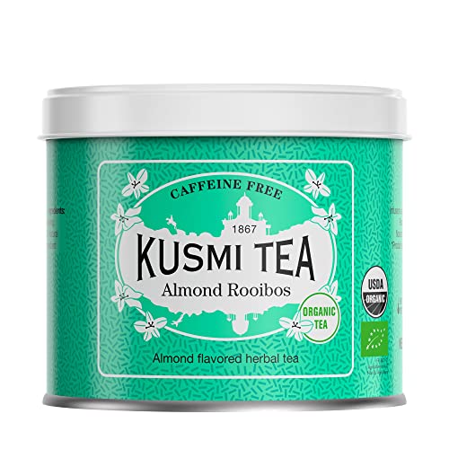 Kusmi Tea Bio Rooibos Mandel - Loser Kräutertee mit natürlichem Mandelaroma - Süßer und Cremiger Rooibos Tee Aufguss - Koffeinfrei - 100 g Metall Teedose von KUSMI TEA