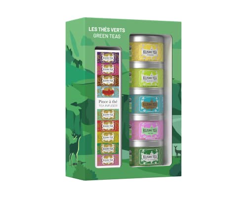 Kusmi Tea - Geschenkset Les Verts + Teezange - Grüner Jasmin, Grüner Ingwer-Zitrone, Label Impérial, Grün Rose, Grün Minze - Teedosen aus Metall 5x25g von KUSMI TEA