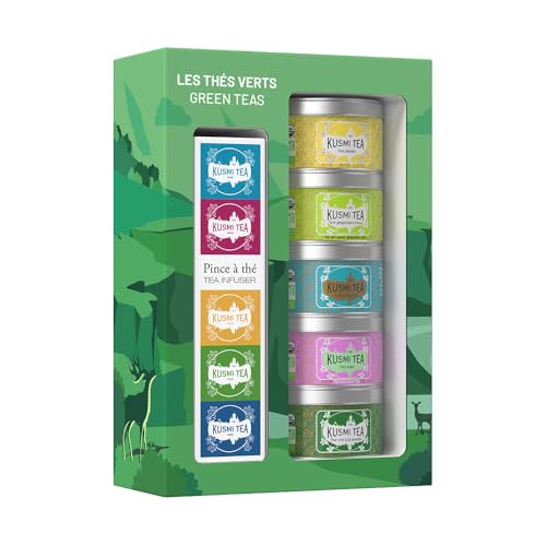 Kusmi Tea - Geschenkset Les Verts + Teezange - Grüner Jasmin, Grüner Ingwer-Zitrone, Label Impérial, Grün Rose, Grün Minze - Teedosen aus Metall 5x25g von KUSMI TEA