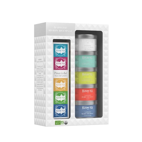 Kusmi Tea - Set 5 Miniaturen Sélection Alain Ducasse mit Teezange - Weißer Tee, Jadeperlen, Hojicha, Long Jing - Loser Tee - 5 Dosen zu 25g - Idee Geburtstagsgeschenk von KUSMI TEA