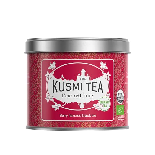 Kusmi Tea - Vier Rote Früchte - Bio Schwarzer Tee Aromatisiert mit Erdbeeren, Himbeeren, Roten Johannisbeeren und Kirschen - Loser Tee - 100 g Metalldose - Menge für etwa 50 Tassen von KUSMI TEA