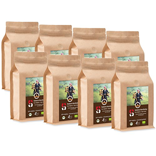 Kaffee Crema Sumatra - Bio - 8 x 1000 g Ganze Bohne - für Kaffee-Vollautomat, Kaffeemühle - Röstkaffee aus biologischem Anbau | Sparpack von Kaffee Globetrotter