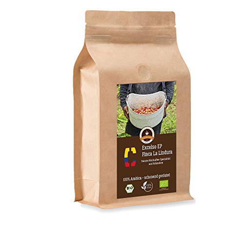 Kaffee Globetrotter - Bio Colombia Excelso EP Finca la Lindura - 1000 g Grob Gemalen - für Kaffee-Vollautomat, Kaffeemühle, Handmühle - Spitzenkaffee - Röstkaffee aus biologischem Anbau von Kaffee Globetrotter